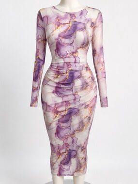 Amazon Purple Marble-Print Long Sleeve Midi Dress with Gold Veining
